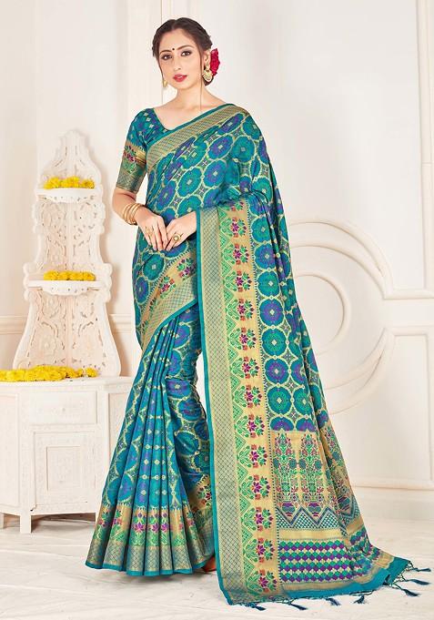 Turquoise Woven Work Banarasi Art Silk Saree Set