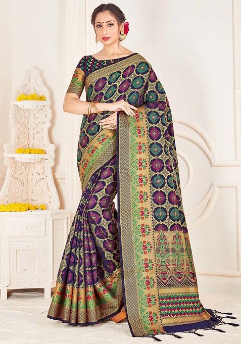 Navy Blue Woven Work Banarasi Art Silk Saree Set