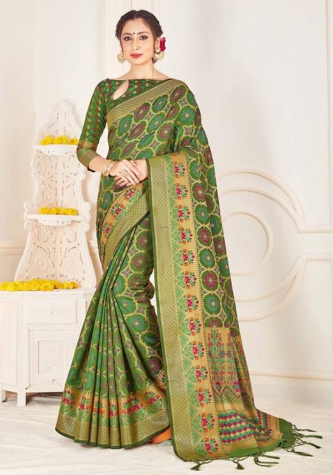 Green Woven Work Banarasi Art Silk Saree Set