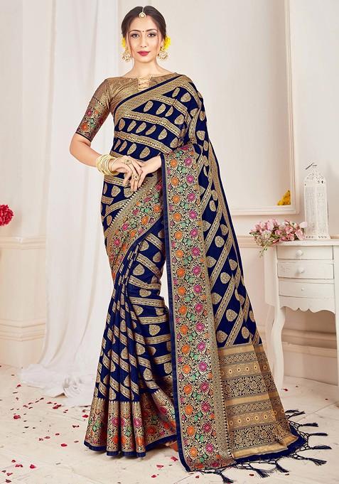 Navy Blue Woven Work Banarasi Art Silk Saree Set