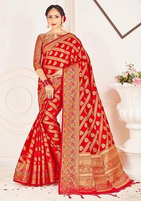 Red Woven Work Banarasi Art Silk Saree Set