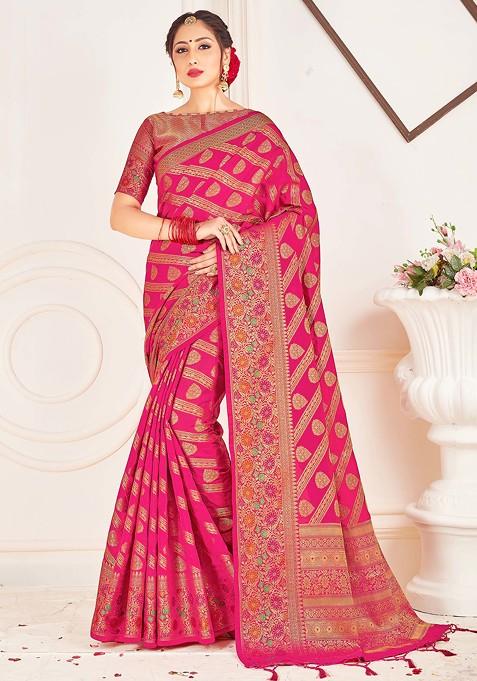 Pink Woven Work Banarasi Art Silk Saree Set