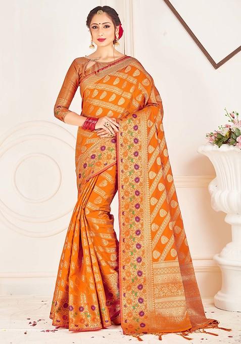 Mustard Yellow Woven Work Banarasi Art Silk Saree Set