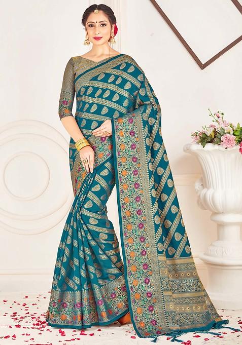 Teal Woven Work Banarasi Art Silk Saree Set