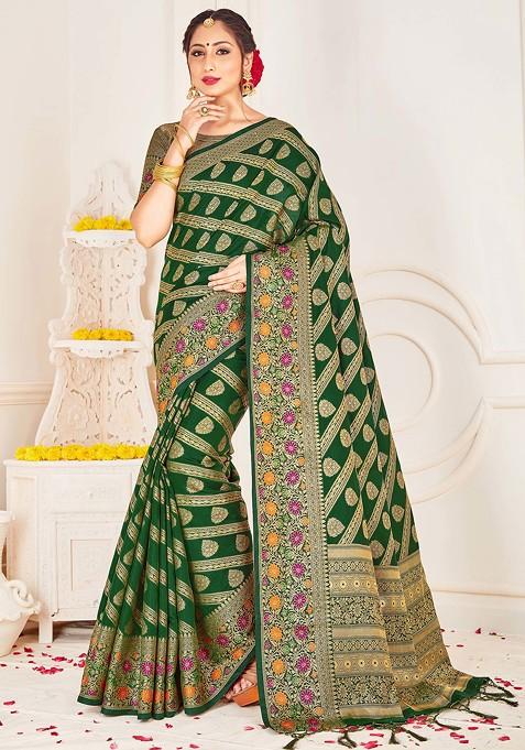 Green Woven Work Banarasi Art Silk Saree Set