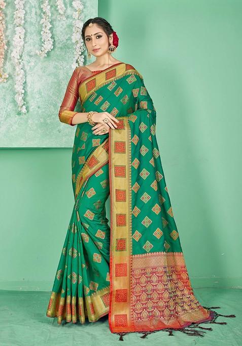 Teal Blue Woven Work Banarasi Art Silk Saree Set