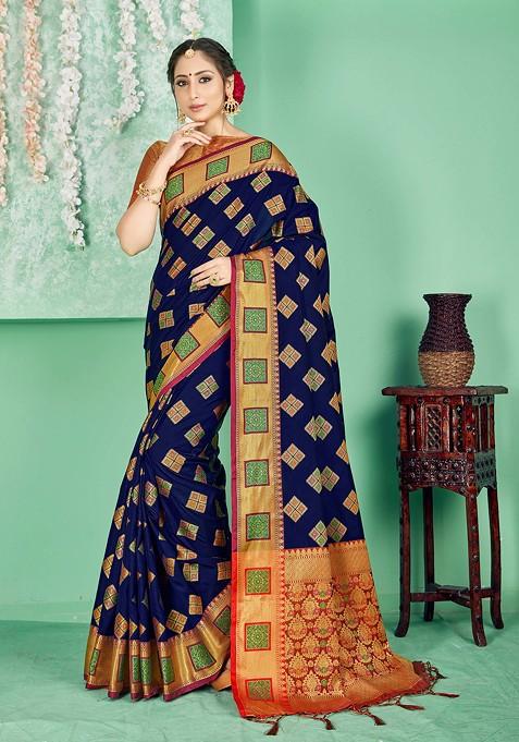 Navy Blue Woven Work Banarasi Art Silk Saree Set