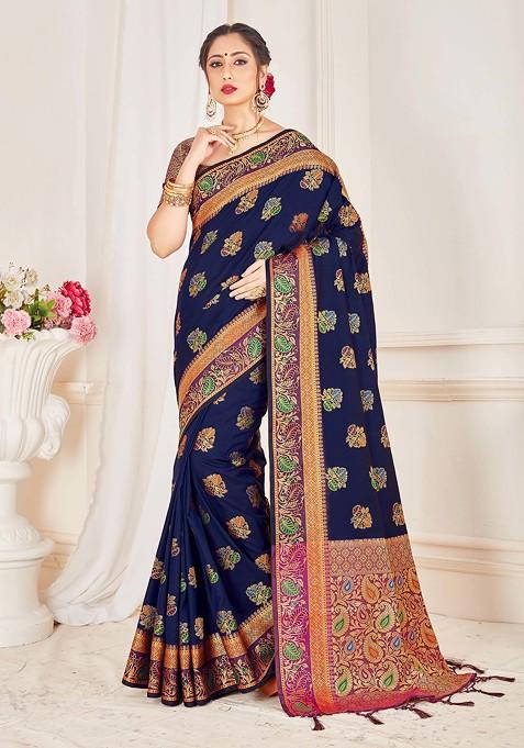 Navy Blue Woven Work Banarasi Art Silk Saree Set