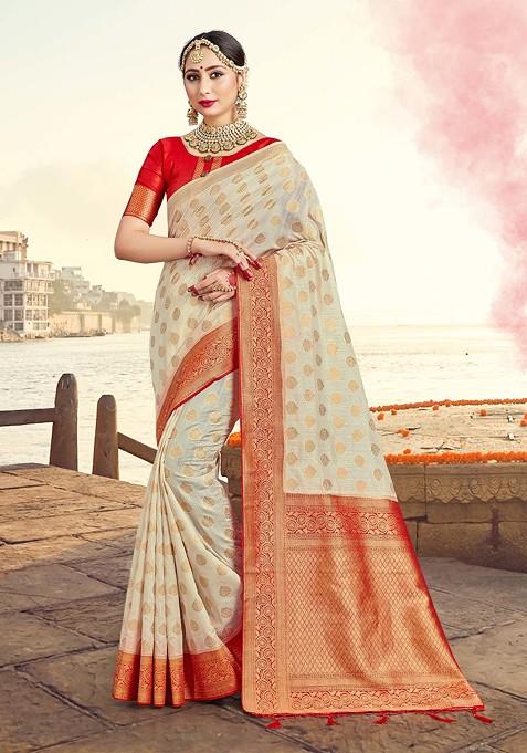 Off White Woven Work Banarasi Art Silk Saree Set