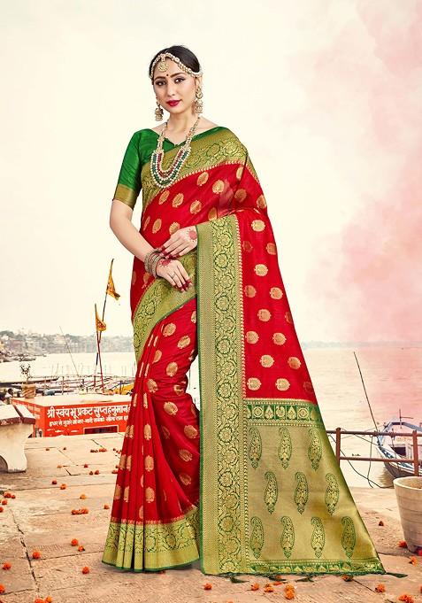 Red Woven Work Banarasi Art Silk Saree Set