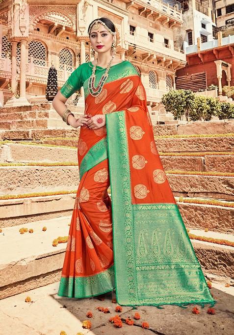 Orange Woven Work Banarasi Art Silk Saree Set