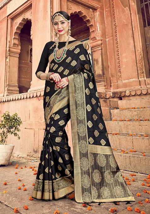 Black Woven Work Banarasi Art Silk Saree Set