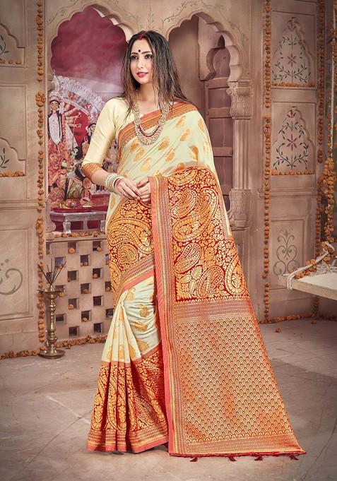 Off White Woven Work Banarasi Art Silk Saree Set