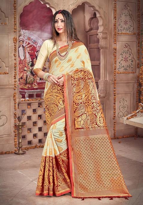 Off White Woven Banarasi Art Silk Saree Set