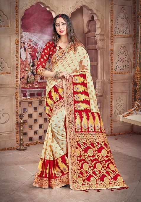 Off White Woven Work Banarasi Silk Saree Set