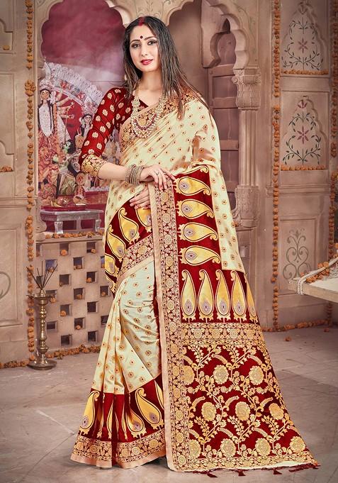 Off White Woven Work Art Silk Saree Set