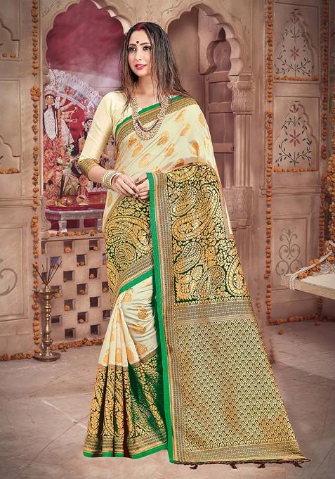 Off White Woven Design Banarasi Art Silk Saree Set