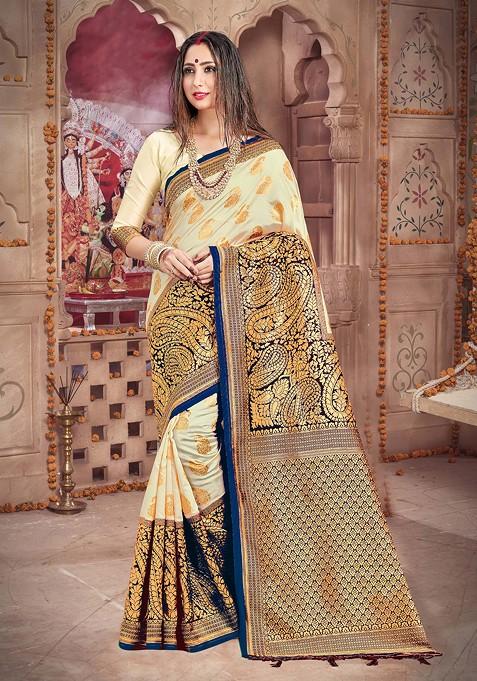 Off White Woven Design Banarasi Silk Saree Set