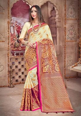 Off White Woven Design Silk Saree Set