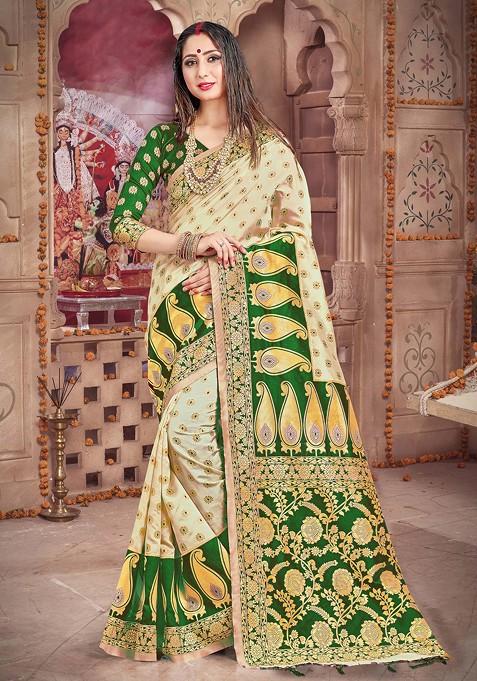 Off White Woven Design Work Banarasi Art Silk Saree Set