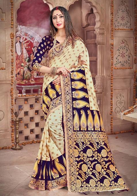 Off White Woven Work Banarasi Art Silk Saree Set