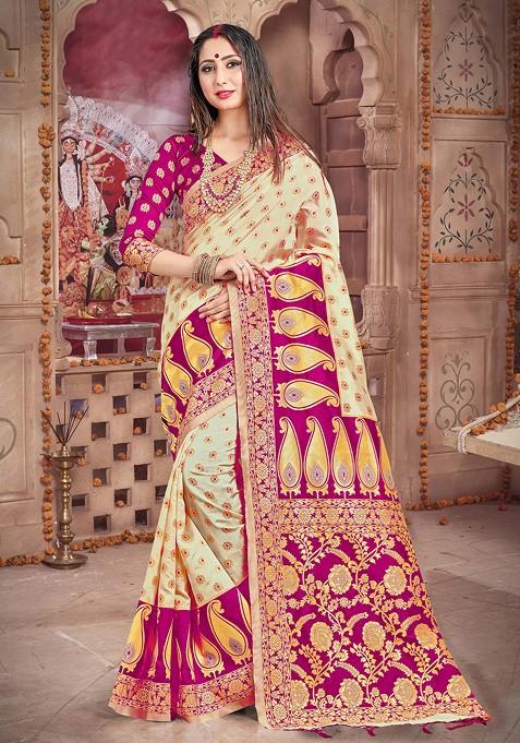 Off White Woven Design Work Banarasi Silk Saree Set