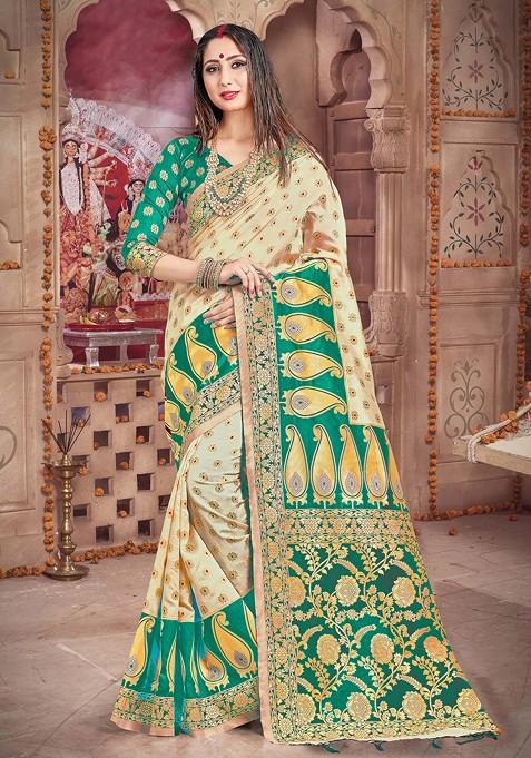 Off White Woven Design Work Silk Saree Set