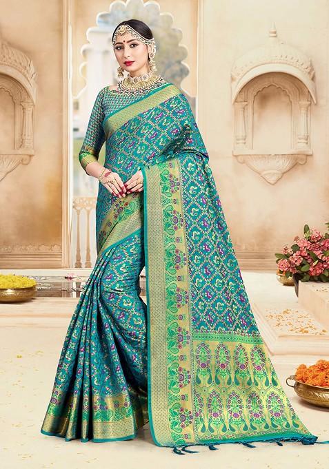 Turquoise Woven Design Banarasi Art Silk Saree Set