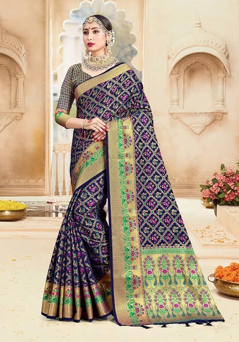 Navy Blue Woven Work Banarasi Art Silk Saree Set