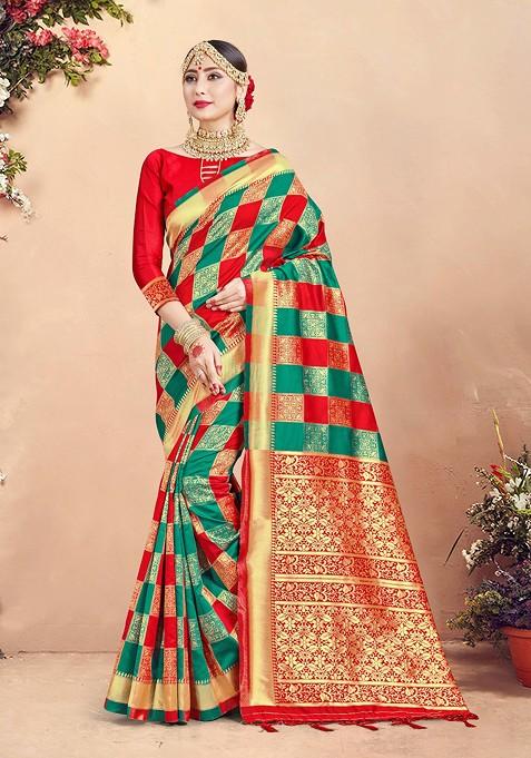 Multicolour Woven Design Banarasi Art Silk Saree Set