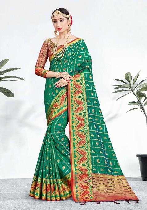 Teal Woven Design Banarasi Art Silk Saree Set