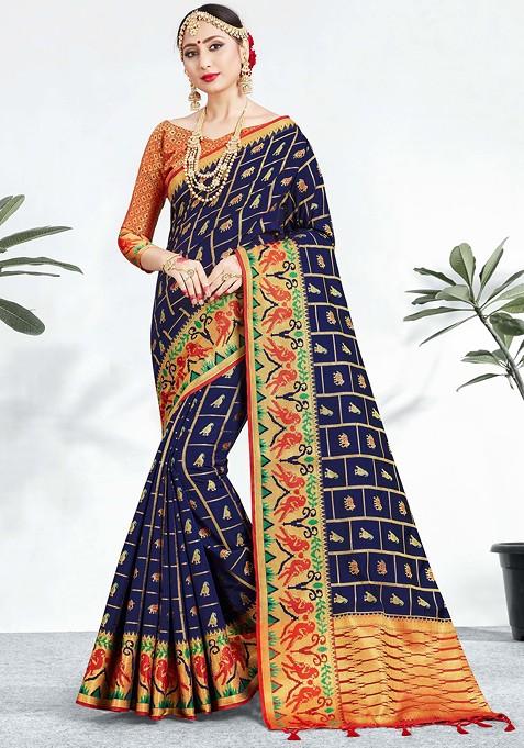 Navy Blue Woven Design Banarasi Art Silk Saree Set