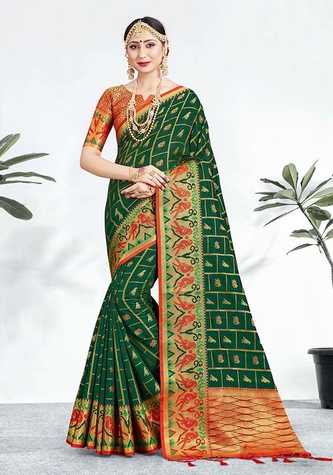 Green Woven Design Banarasi Art Silk Saree Set