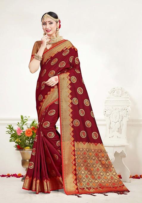 Maroon Woven Design Banarasi Art Silk Saree Set