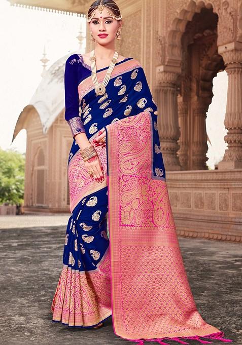 Deep Blue Woven Design Banarasi Art Silk Saree Set