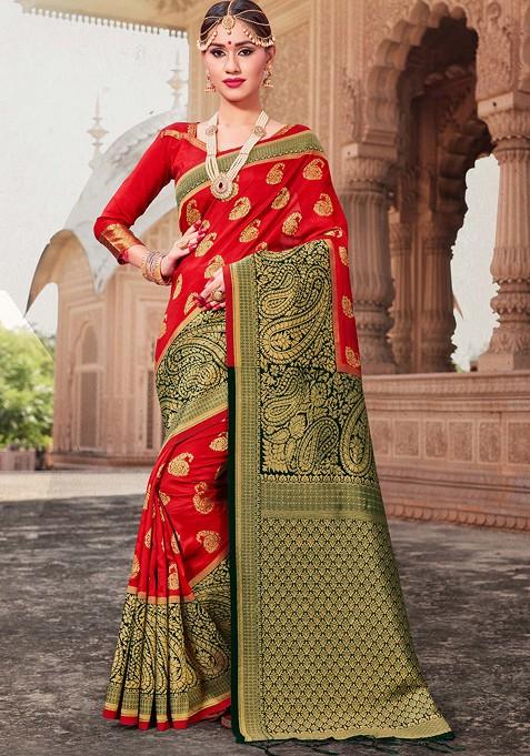 Red Woven Design Banarasi Art Silk Saree Set