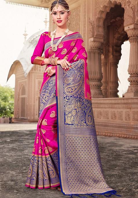 Pink Woven Design Banarasi Art Silk Saree Set