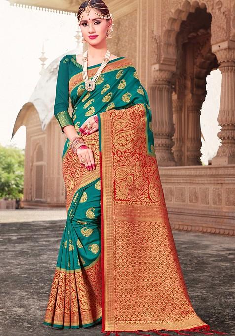 Green Woven Design Banarasi Art Silk Saree Set