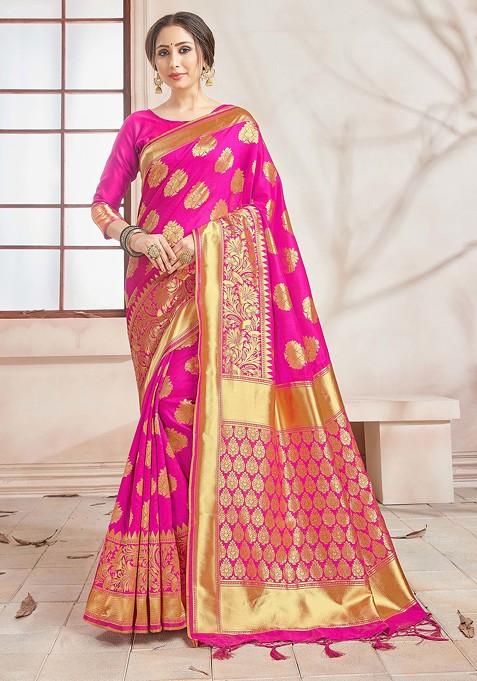 Pink Woven Design Banarasi Art Silk Saree Set