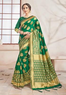 Green Woven Design Banarasi Art Silk Saree Set