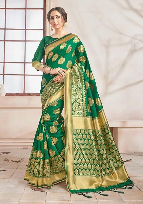 Green Woven Design Banarasi Art Silk Saree Set