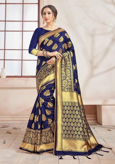 Dark Blue Woven Design Banarasi Art Silk Saree Set