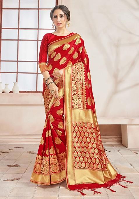 Red Woven Design Banarasi Art Silk Saree Set