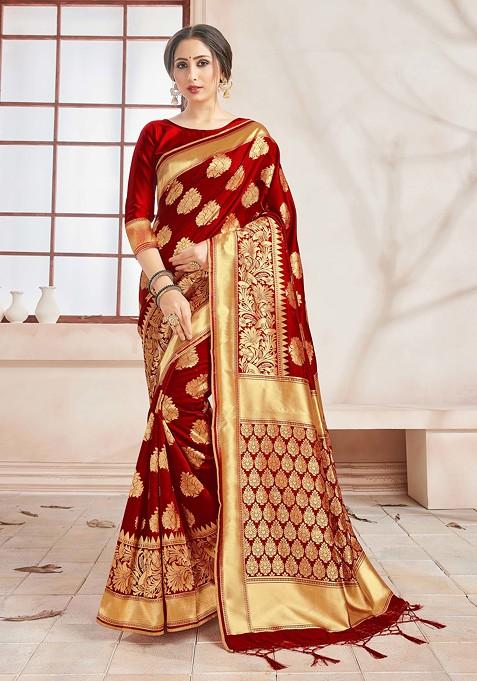 Maroon Woven Design Banarasi Art Silk Saree Set