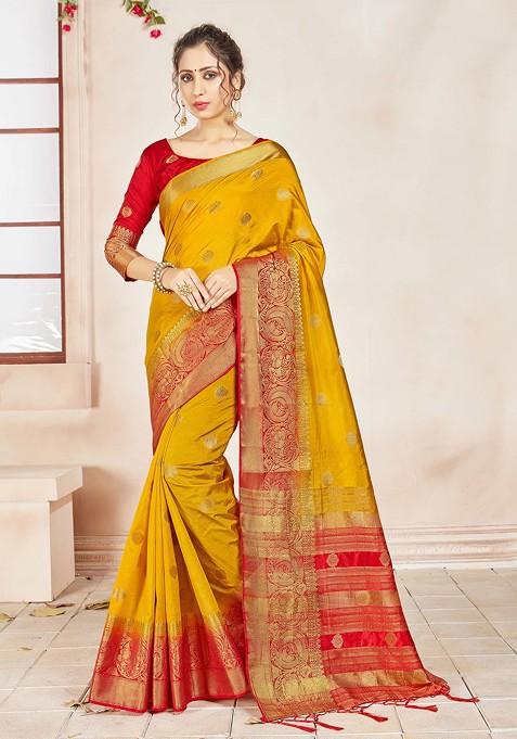 Mustard Woven Design Banarasi Art Silk Saree Set