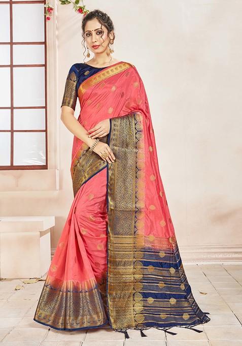 Peach Woven Design Banarasi Art Silk Saree Set