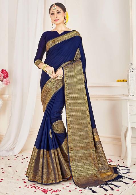 Navy Blue Woven Design Banarasi Art Silk Saree Set