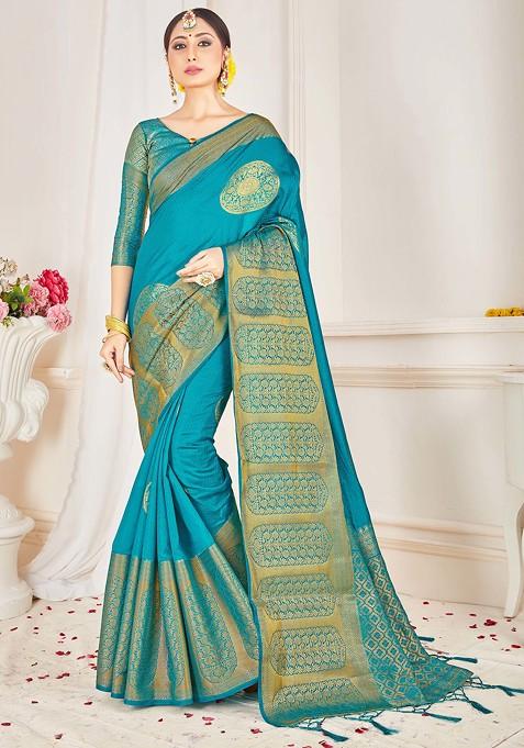 Teal Woven Design Banarasi Art Silk Saree Set