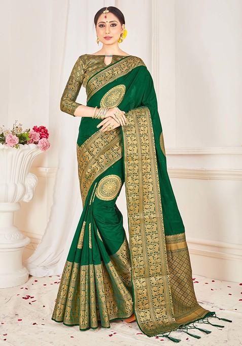 Green Woven Design Banarasi Art Silk Saree Set