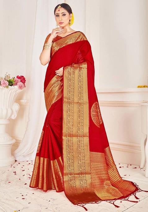 Red Woven Design Banarasi Art Silk Saree Set